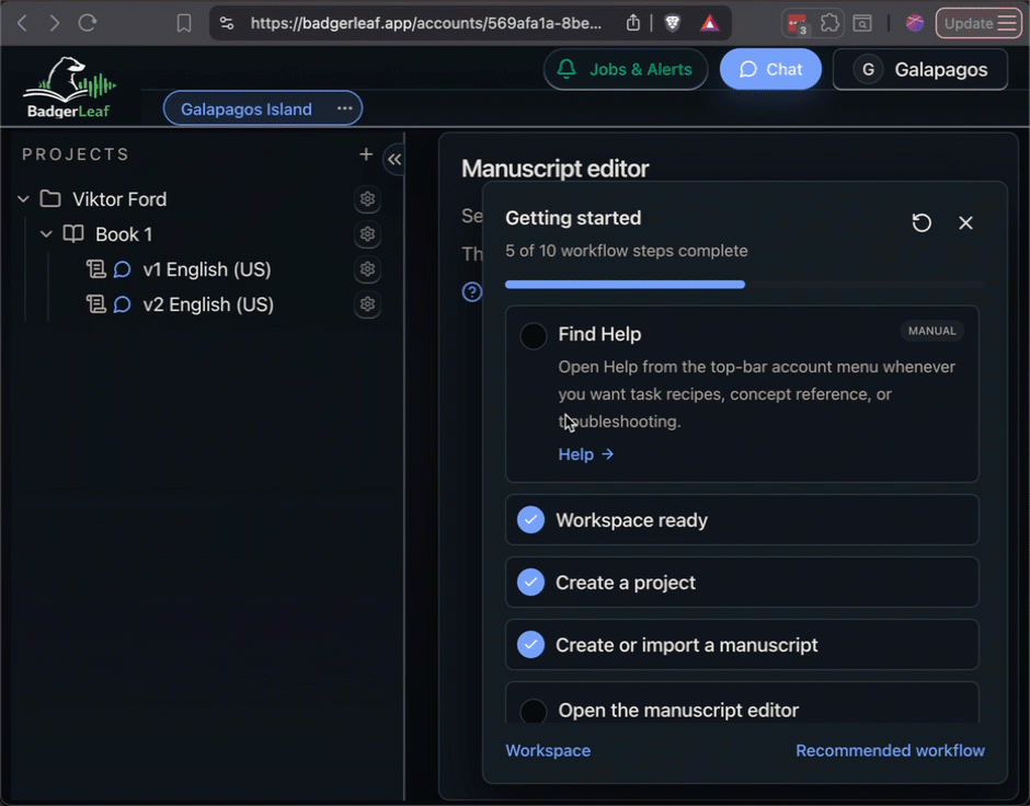Animation showing the account menu opening and the Help item being selected.